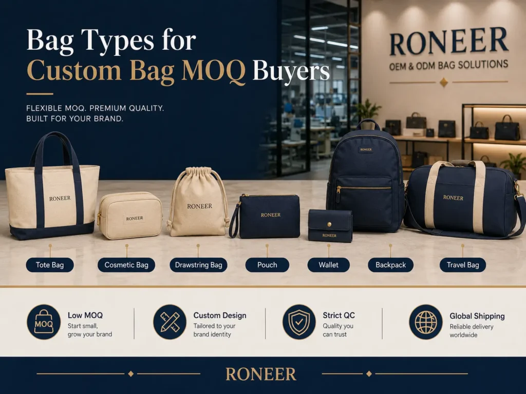 Custom bag MOQ by product type including tote bags pouches wallets backpacks and travel bags