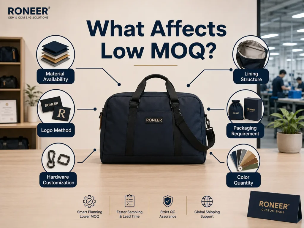Factors affecting low MOQ custom bags including materials logo hardware lining packaging and colors