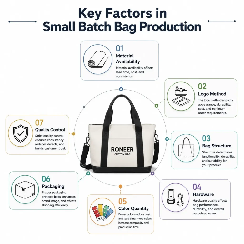 Factors affecting small batch bag production including materials logo hardware packaging and QC