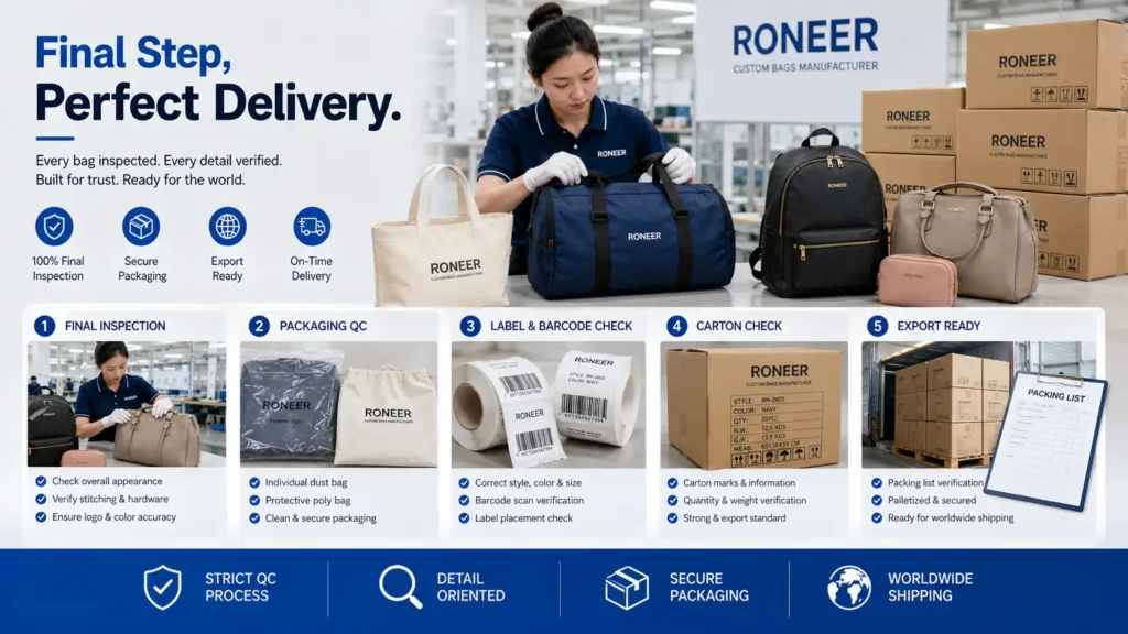Final bag QC inspection checking finished bags packaging barcode labels carton marks and export packing before shipment