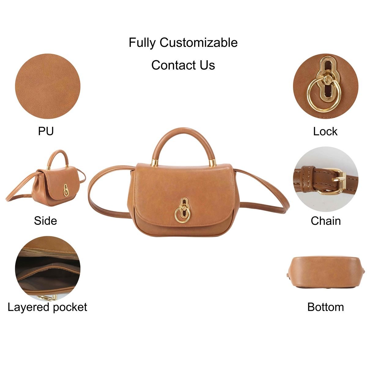 China Factory Custom Brown PU Leather Mini Top Handle Shoulder Bag OEM Supplier GB-6395
