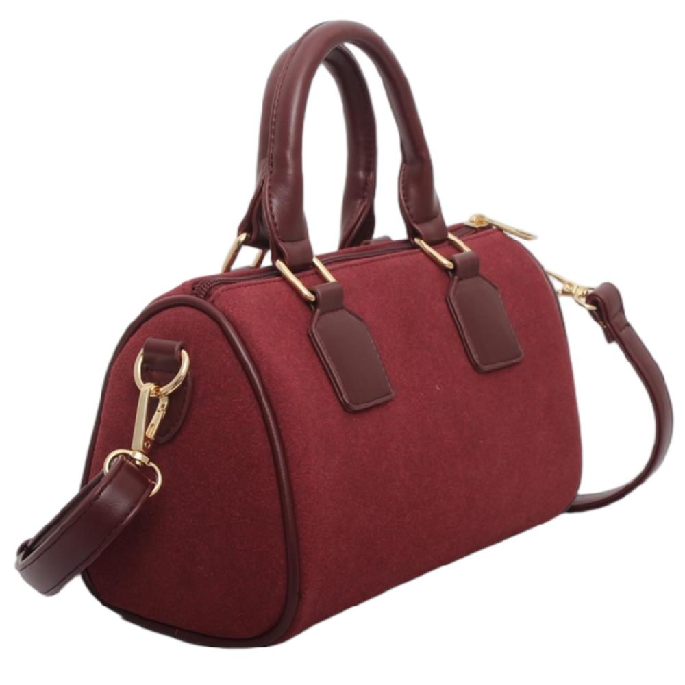 custom burgundy PU leather barrel handbag side view GB-6400