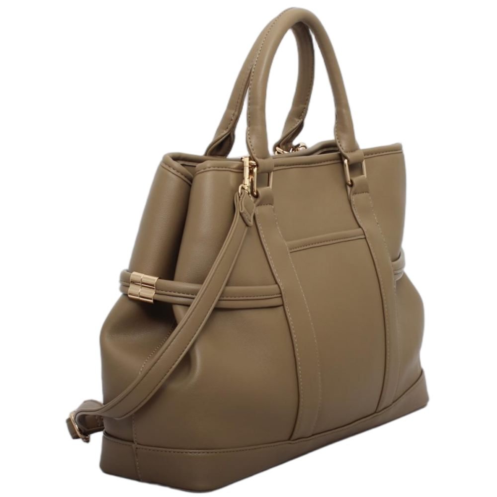 custom khaki PU leather tote handbag side view GB-6403