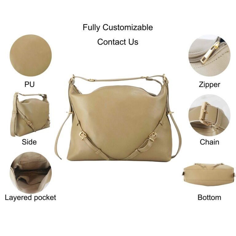 GB-6405 custom beige PU leather shoulder handbag feature overview