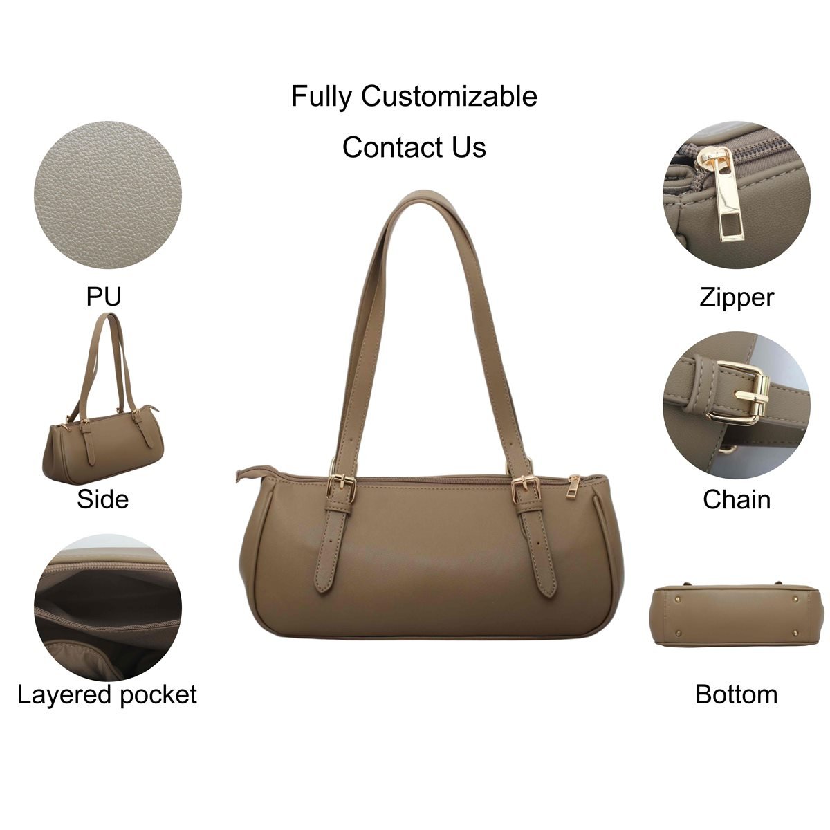 GB-6407 custom taupe PU leather shoulder handbag feature overview