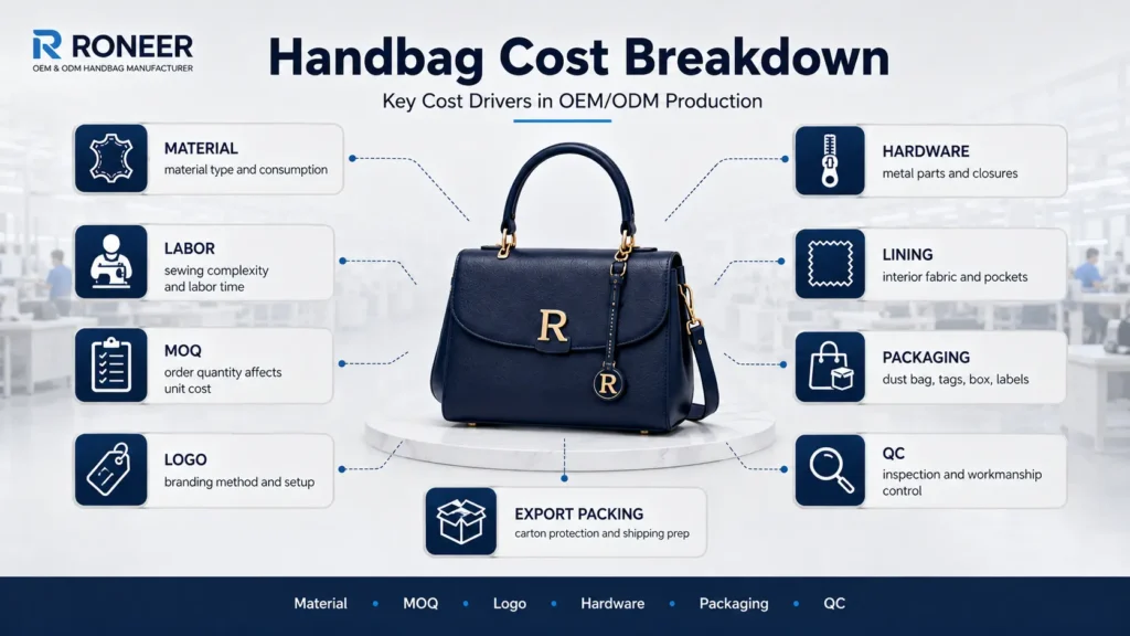 handbag cost breakdown by material labor MOQ logo and packaging