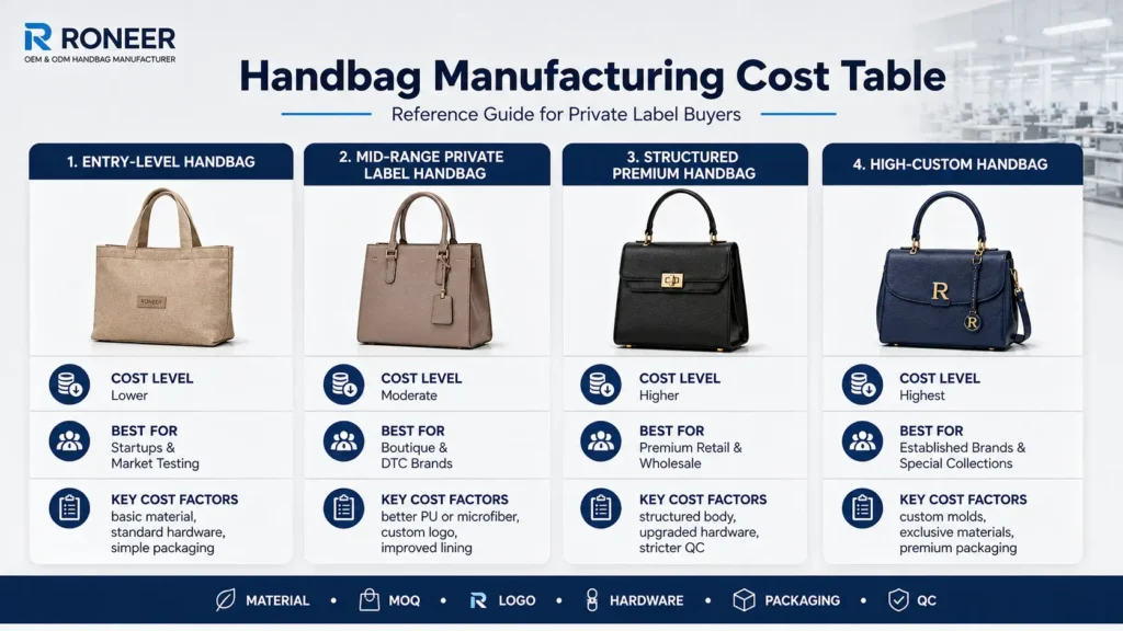 handbag manufacturing cost table for private label buyers