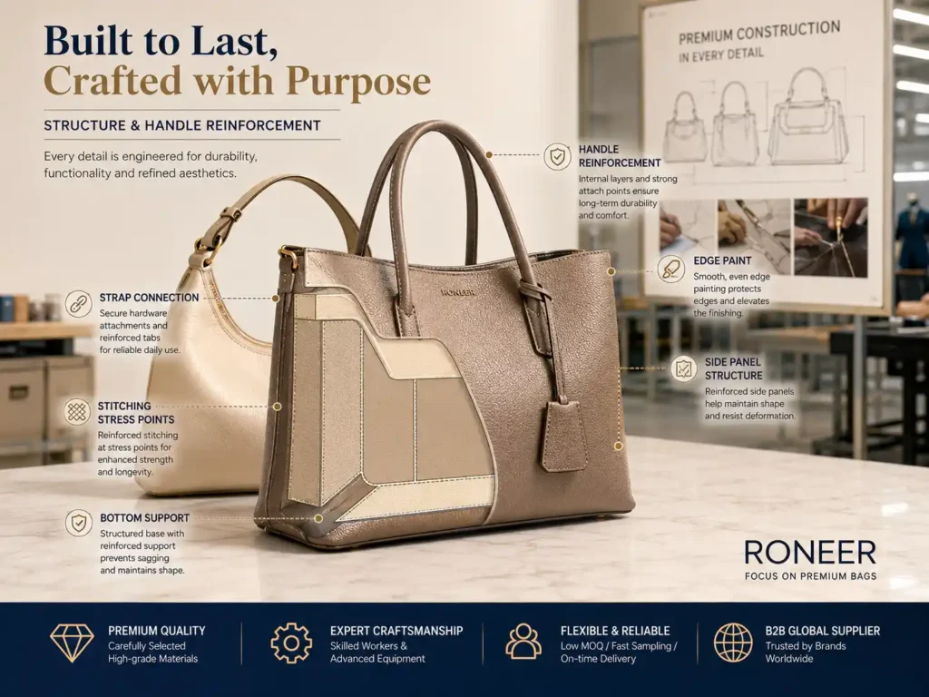 handbag structure and handle reinforcement details