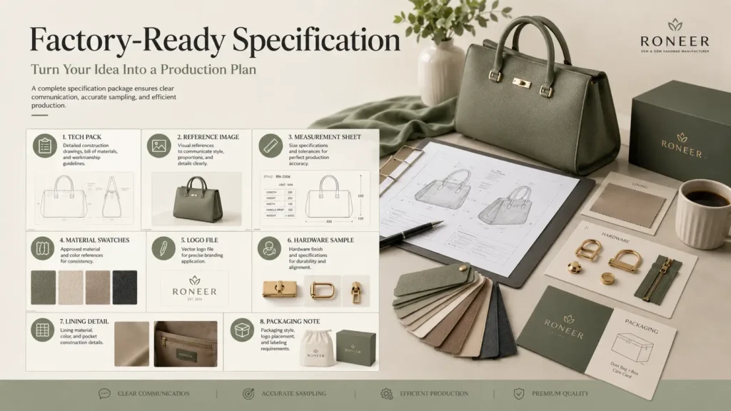 handbag tech pack and factory ready specification for USA brands