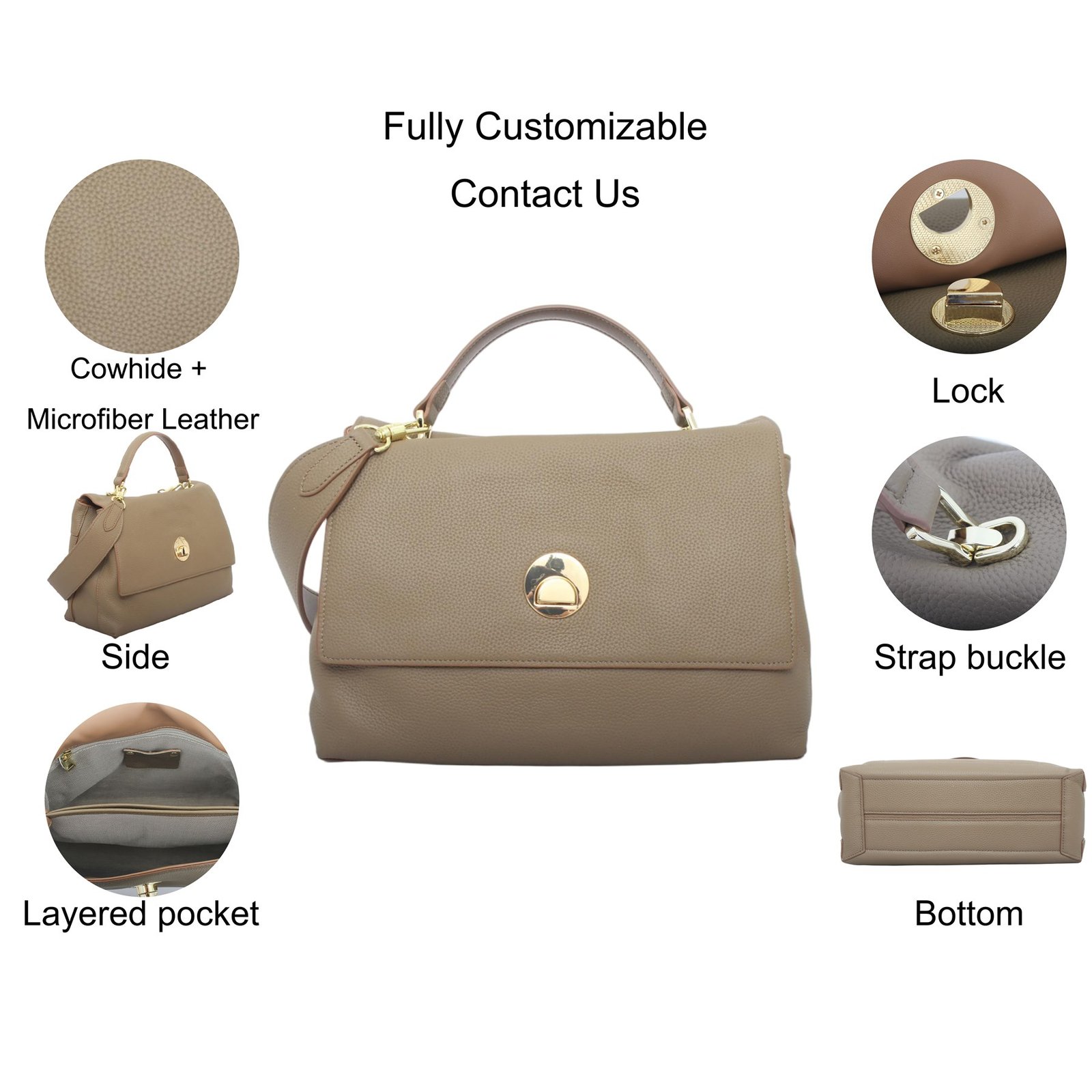 L1017 custom handbag fully customizable material lock strap buckle layered pocket and bottom details