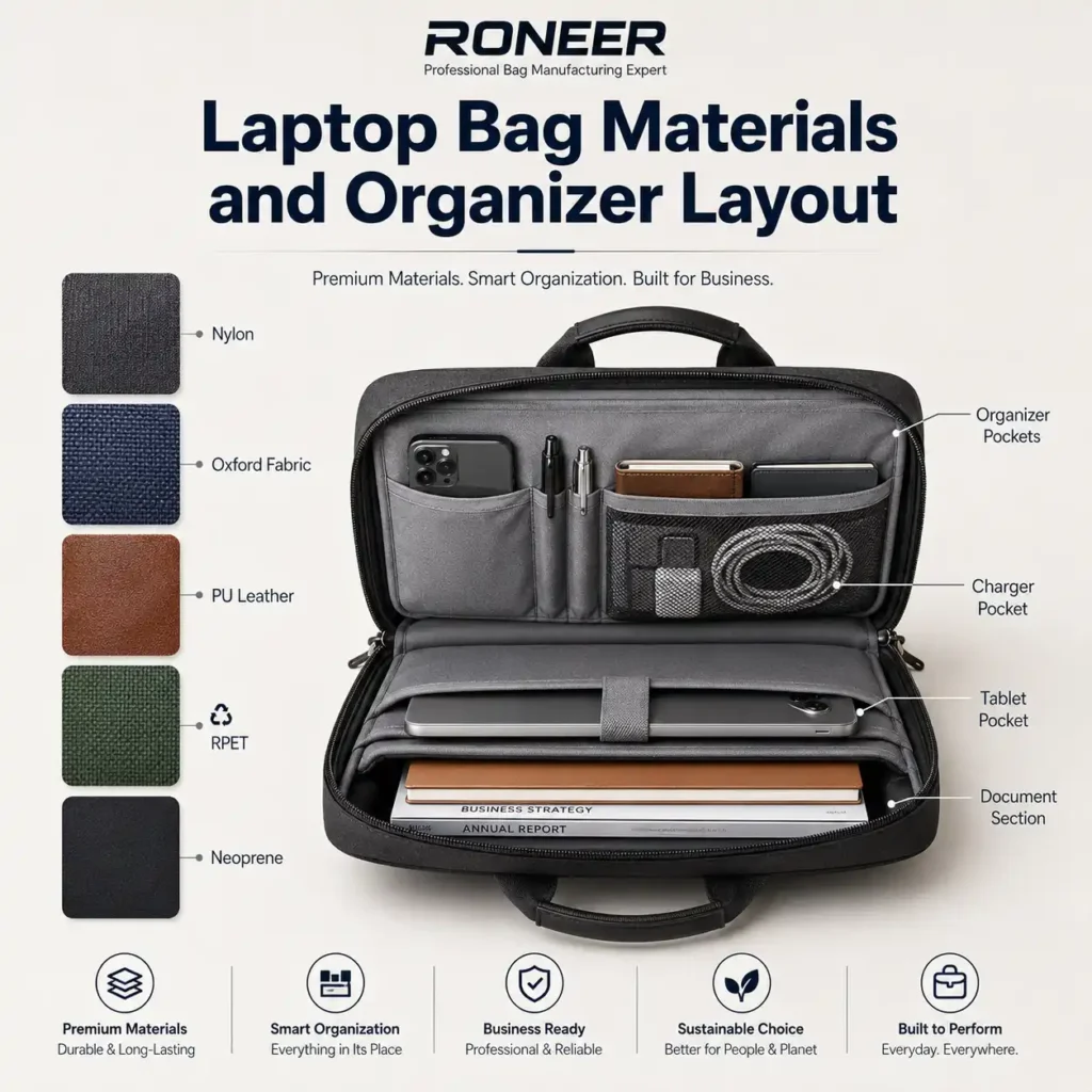 laptop bag materials and organizer layout