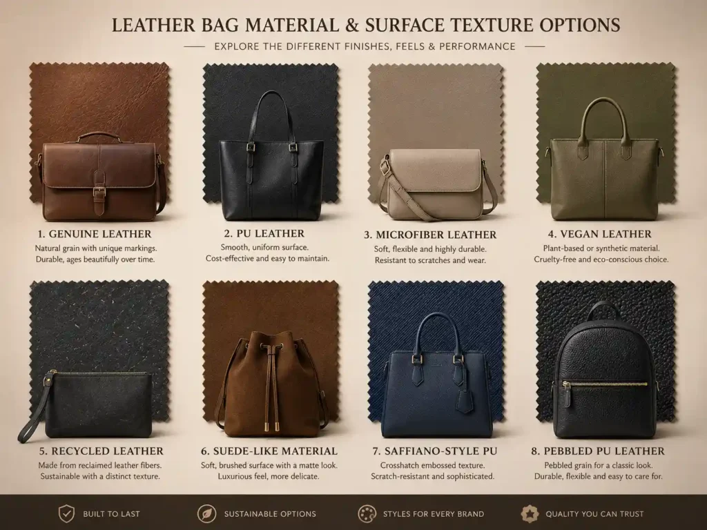 leather bag material and surface texture options