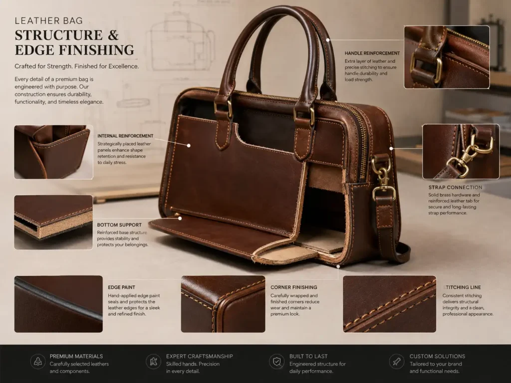leather bag structure and edge finishing details