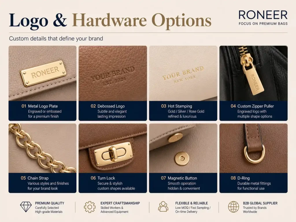 logo and hardware options for custom handbags