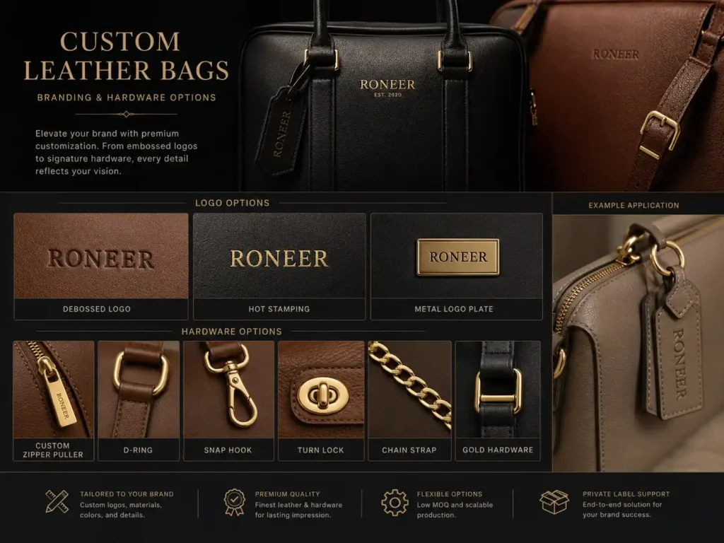 logo and hardware options for custom leather bags