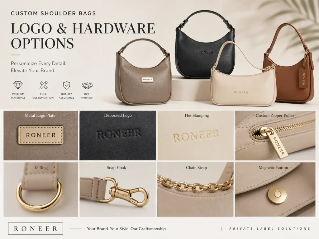 logo and hardware options for custom shoulder bags