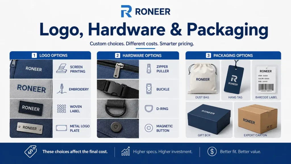 logo hardware and packaging impact on bulk bag pricing