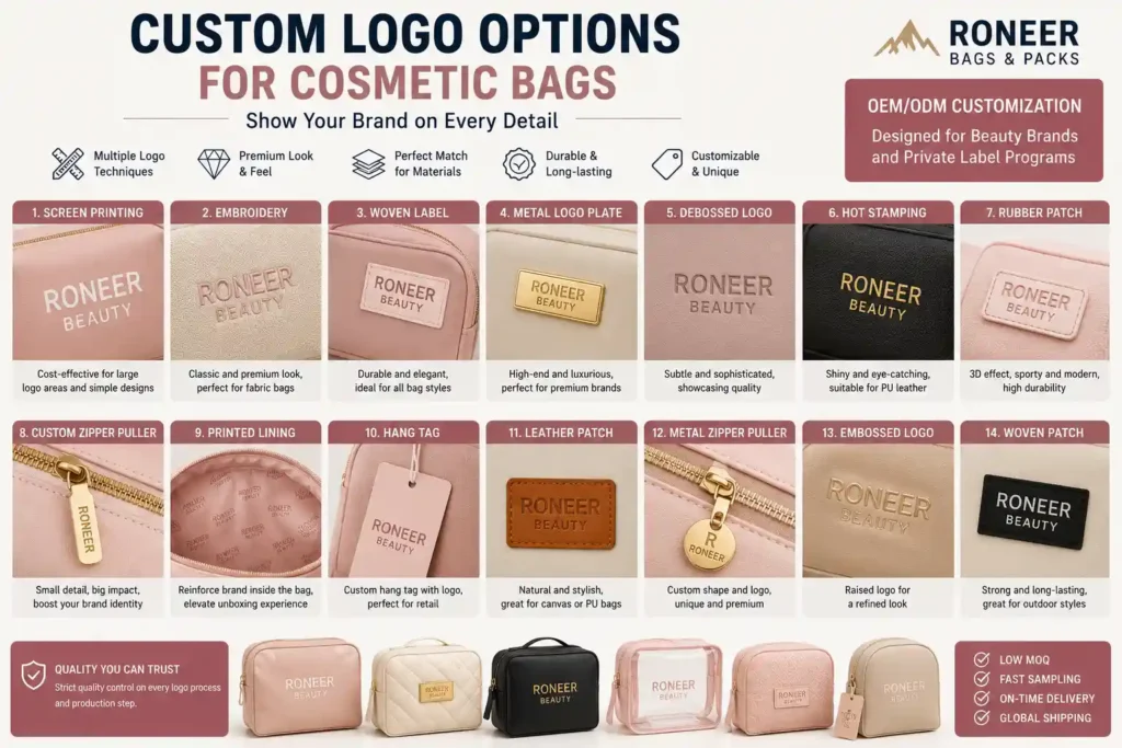 logo options for custom cosmetic bags