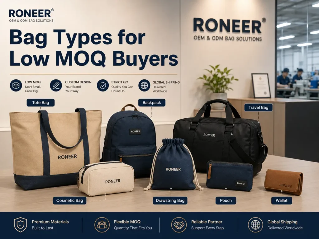 Different low MOQ custom bag types including tote bags cosmetic bags backpacks pouches and wallets