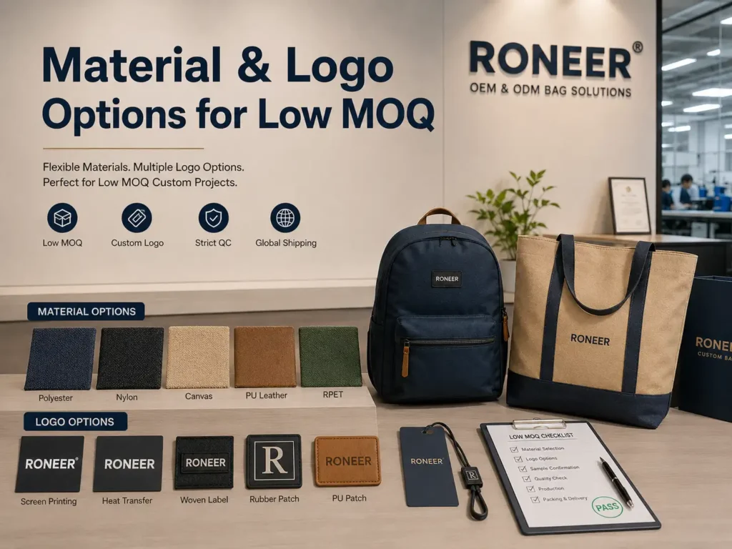 Low MOQ custom bags material and logo options with polyester nylon canvas PU leather and woven labels