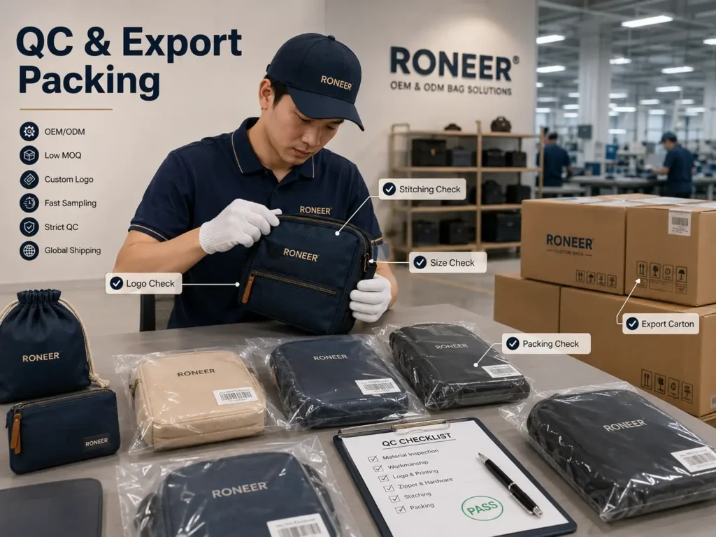 Low MOQ custom bags quality control and export packing inspection for small batch orders