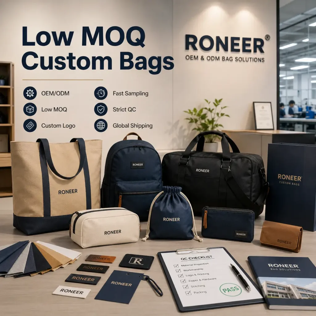 Low MOQ custom bags manufacturer showing OEM ODM bags with custom logo fast sampling and QC support