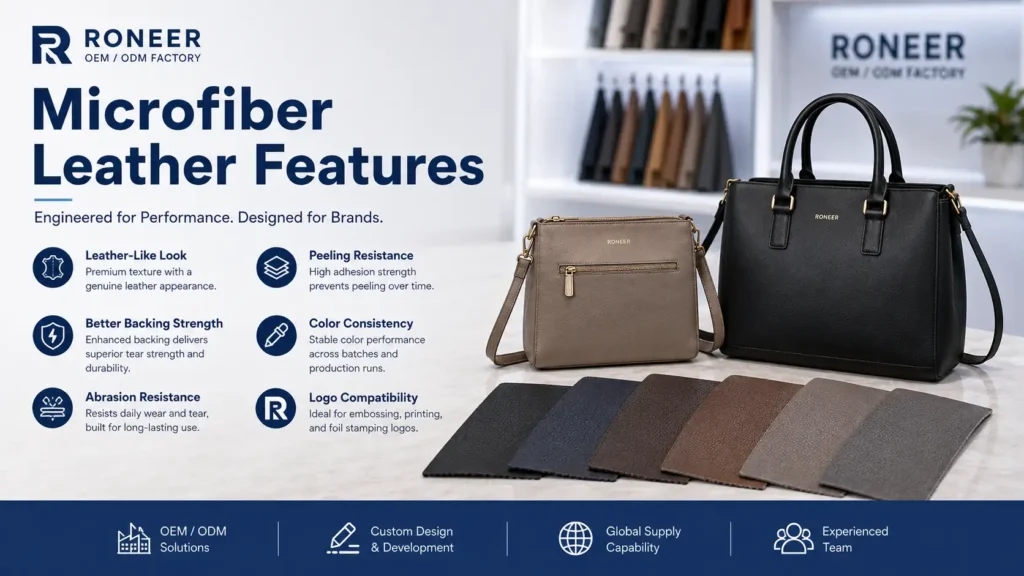 Microfiber leather bag material features including abrasion resistance peeling resistance and logo compatibility