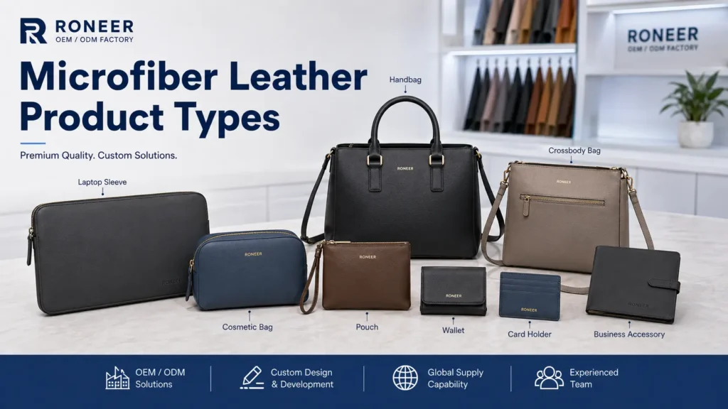 Microfiber leather bags used in handbags wallets card holders cosmetic bags pouches and laptop sleeves