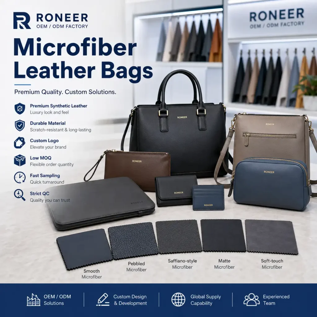 Microfiber leather bags showing handbags wallets cosmetic bags pouches and microfiber leather swatches