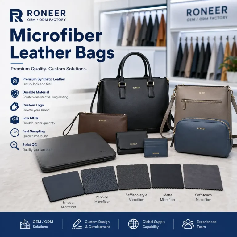 Microfiber leather bags showing handbags wallets cosmetic bags pouches and microfiber leather swatches