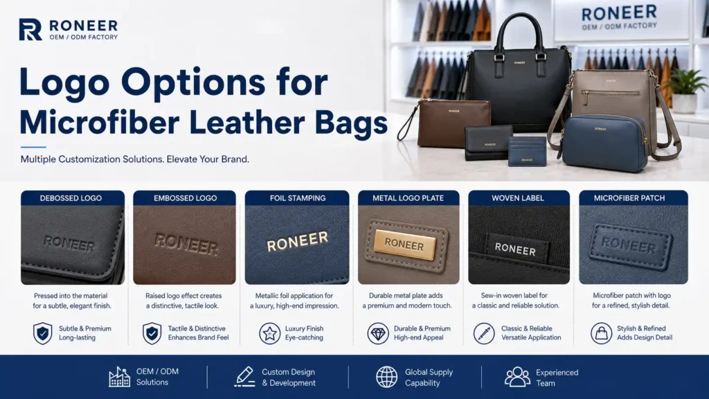 Microfiber leather logo customization methods including debossed embossed foil stamping and metal logo plate