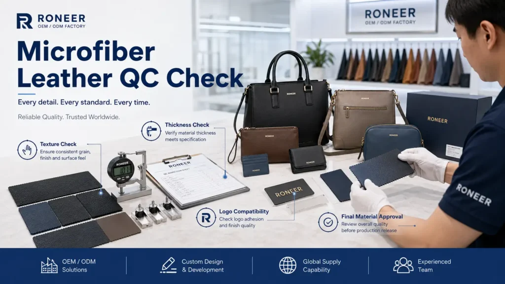Microfiber leather quality control for bags checking texture thickness peeling resistance and logo compatibility