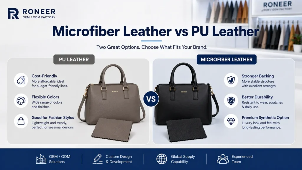 Microfiber leather vs PU leather for bags comparison showing durability backing strength and cost control