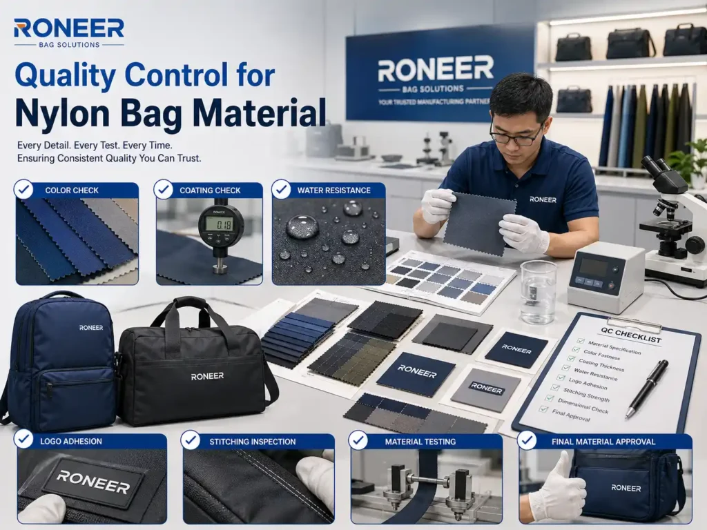 Nylon bag material quality control checking color coating water resistance and logo adhesion