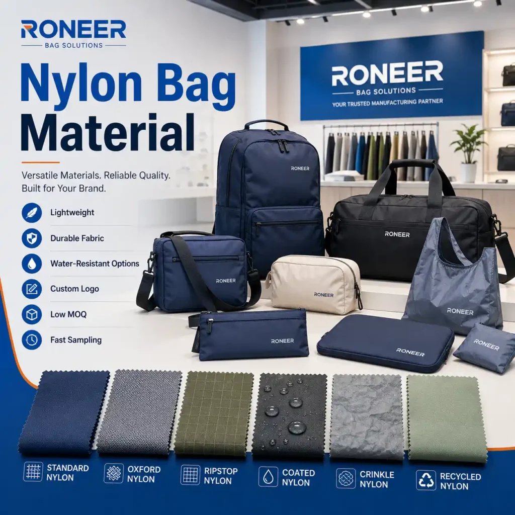 Nylon bag material showing backpacks travel bags cosmetic bags and nylon fabric swatches