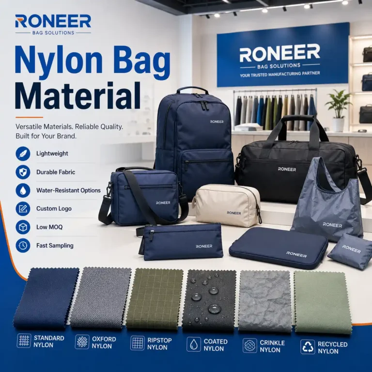 Nylon bag material showing backpacks travel bags cosmetic bags and nylon fabric swatches