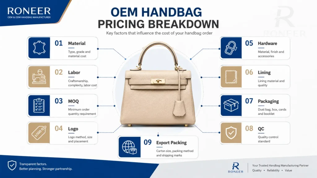 OEM handbag pricing breakdown by material labor MOQ and packaging