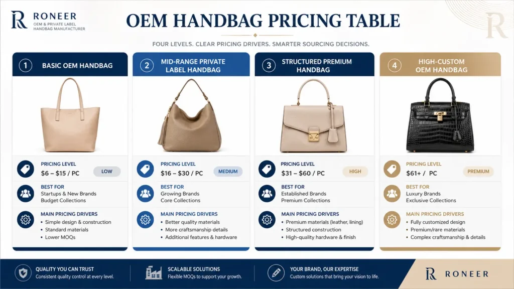 OEM handbag pricing table for brand buyers