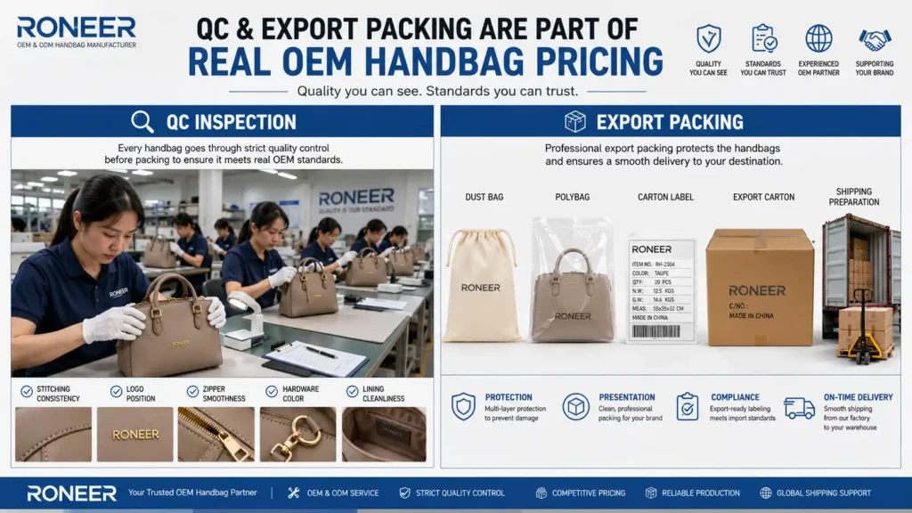 OEM handbag QC inspection and export packing pricing