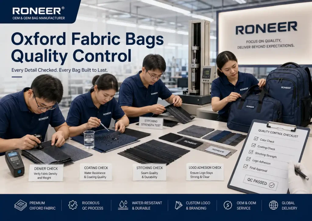 Oxford fabric bags quality control checking color coating water resistance logo adhesion and stitching strength