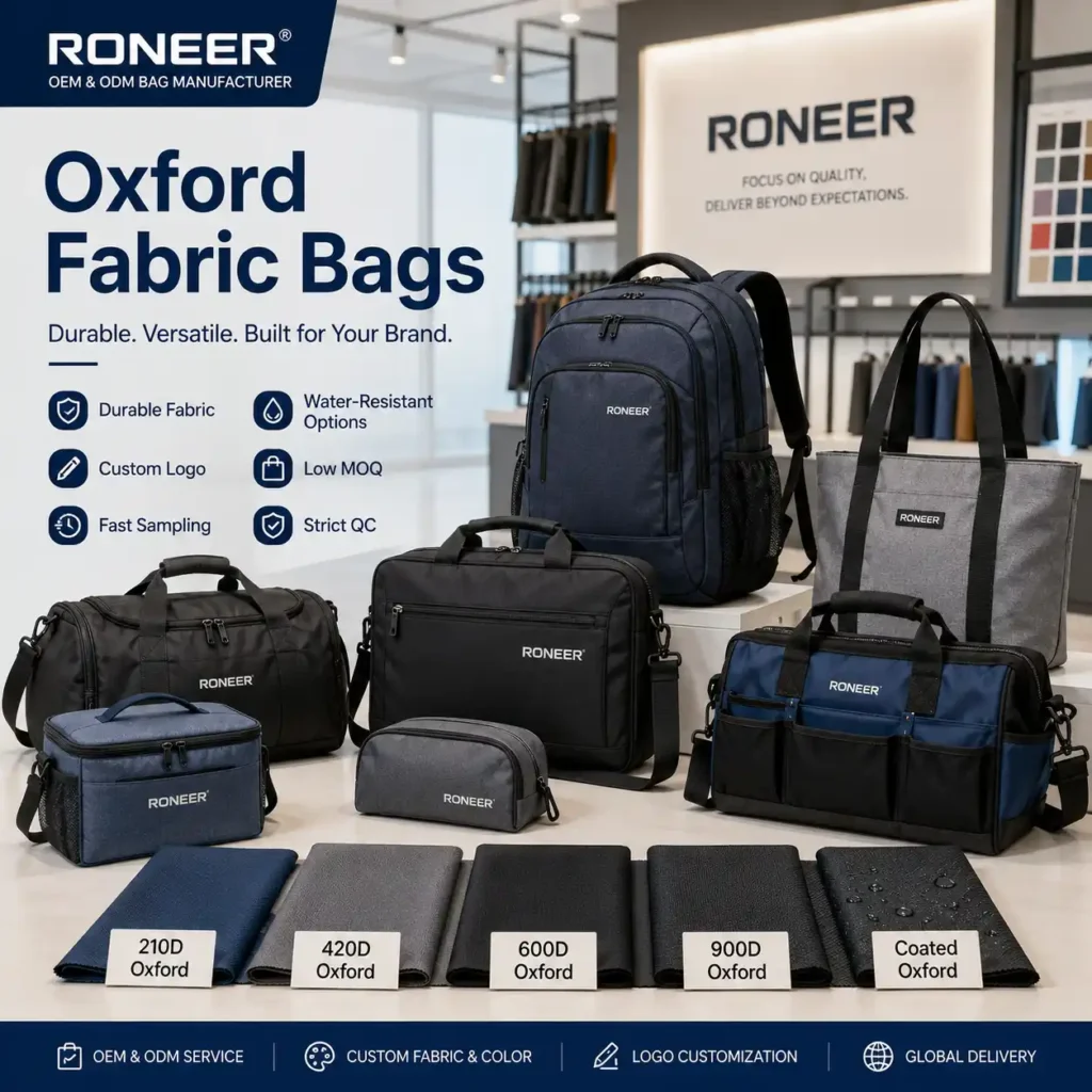 Oxford fabric bags showing backpacks travel bags laptop bags cooler bags and Oxford fabric swatches
