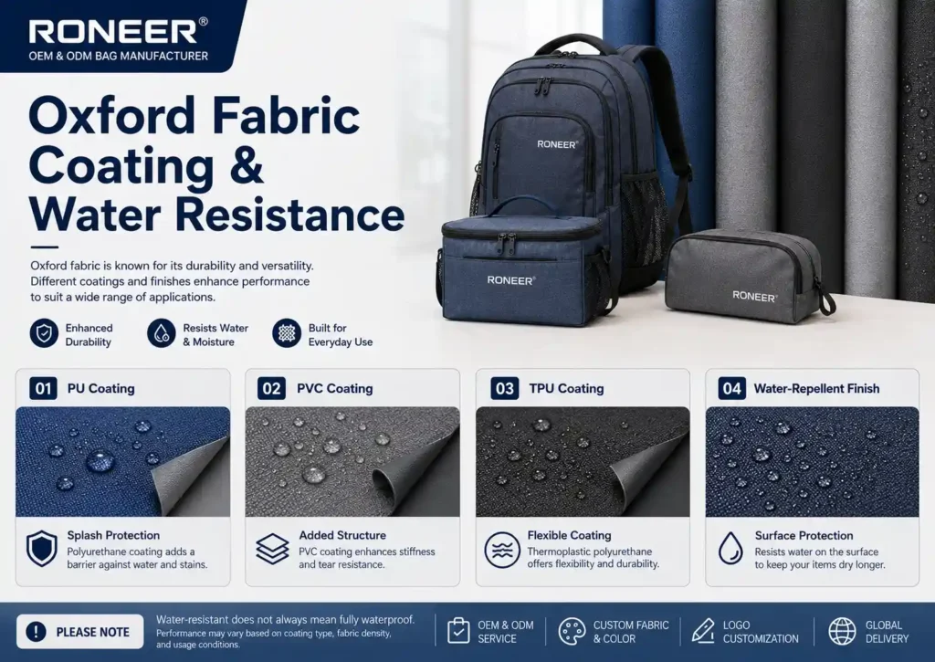 Oxford fabric coating and water resistance options including PU PVC TPU and water repellent finish
