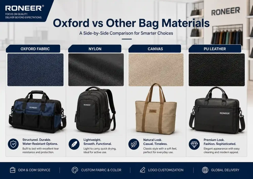 Oxford fabric bags compared with nylon canvas and PU leather for custom bag manufacturing