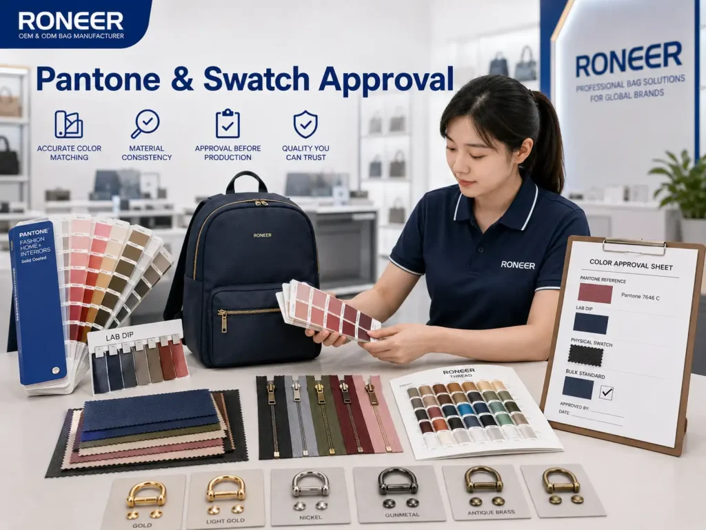 Pantone color matching and physical swatch approval for custom bag colors in OEM ODM production