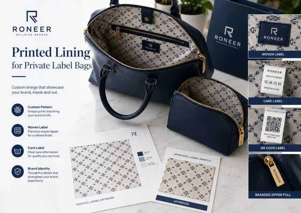 Printed custom bag lining with woven label care label QR code and private label branding