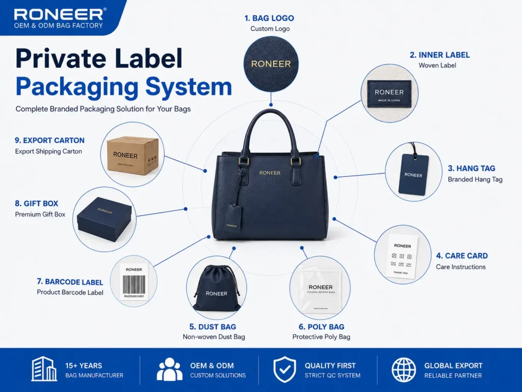 Private label custom bag packaging system with logo hang tag dust bag barcode label gift box and carton