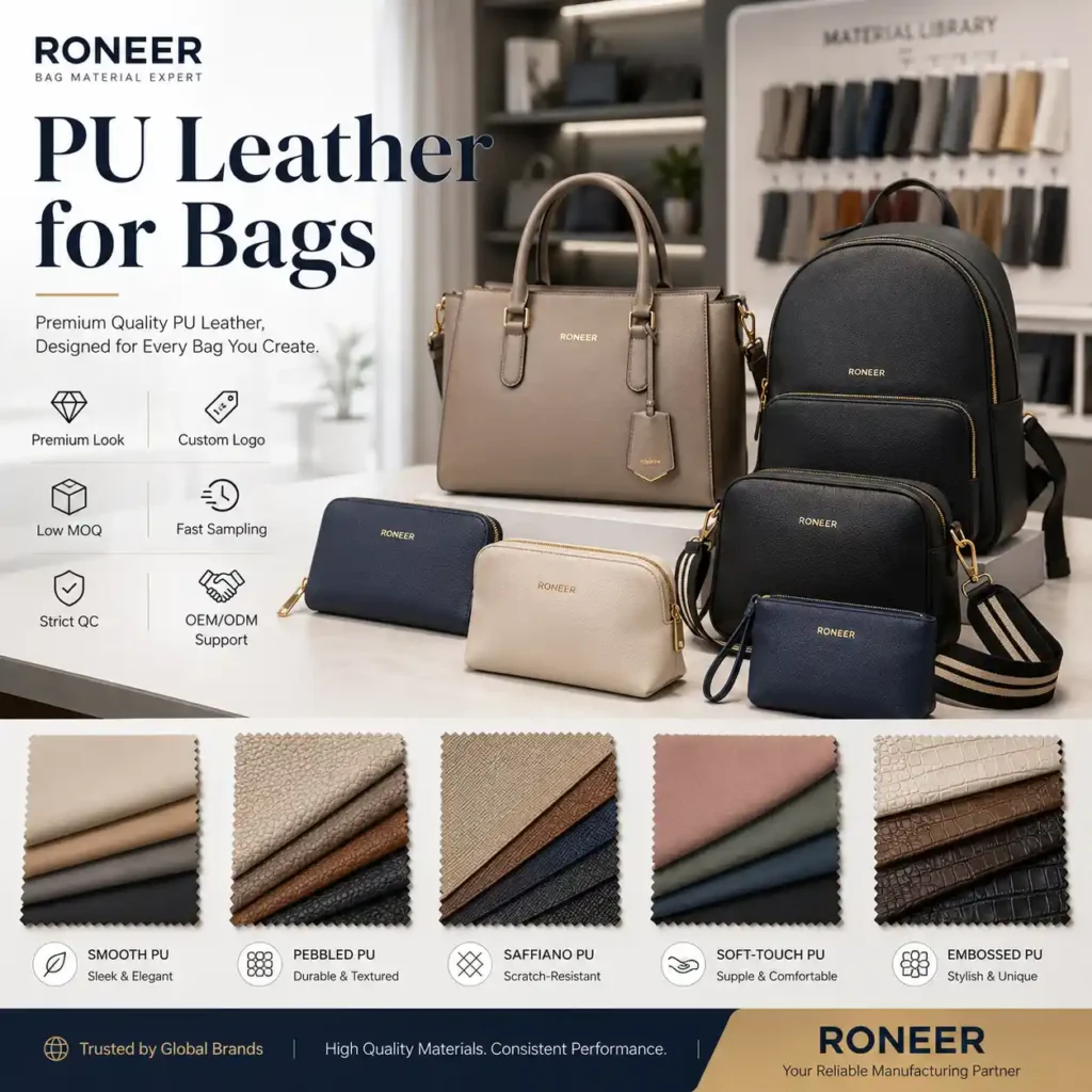 PU leather for bags showing handbags wallets cosmetic bags and PU leather texture swatches