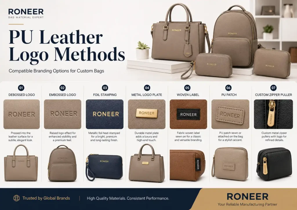 PU leather logo customization methods including debossed embossed foil stamping metal plate and PU patch