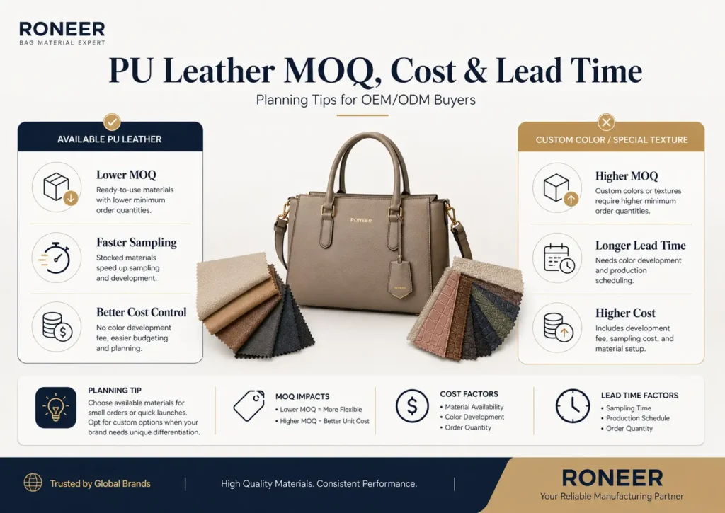 How PU leather affects MOQ cost and lead time for custom bag manufacturing
