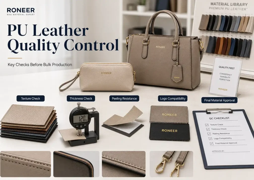 PU leather quality control for bags checking texture thickness peeling resistance and logo compatibility